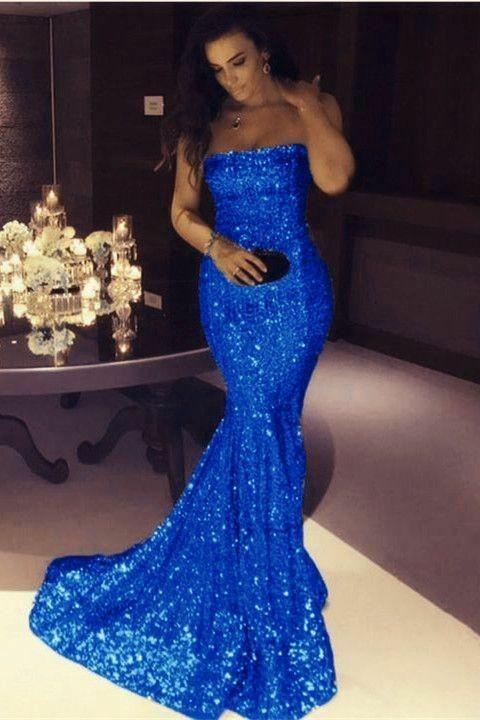 Royal Blue Sequin Mermaid Prom Dresses Strapless Neckline