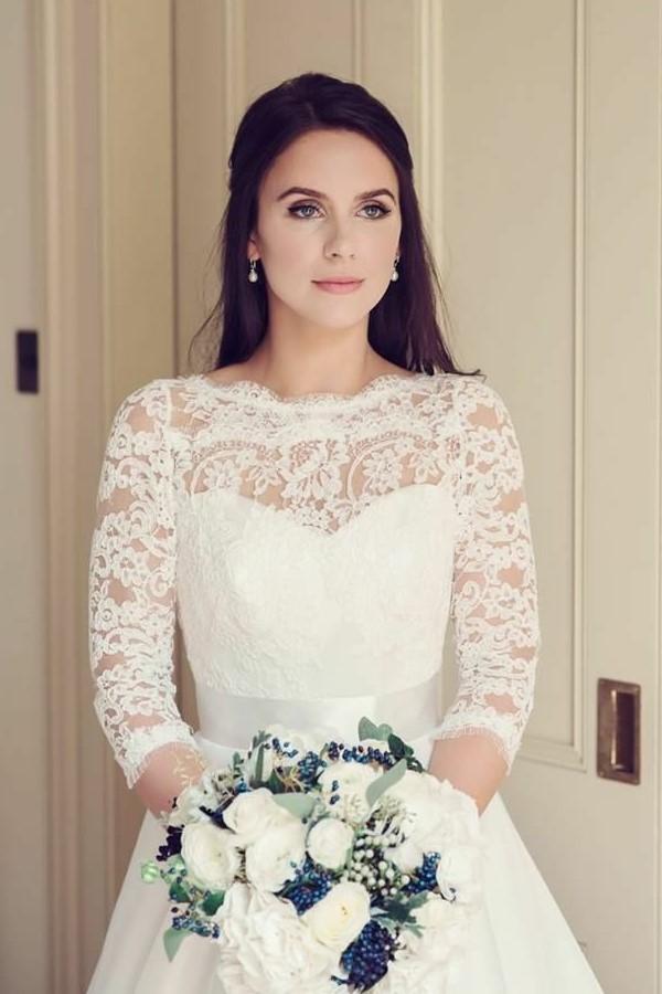 See-through Neckline Lace White Wedding Dresses 3/4 Sleeves