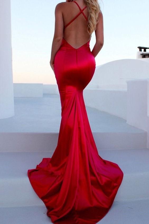 Side Slit Red Mermaid Prom Dresses with X Backless