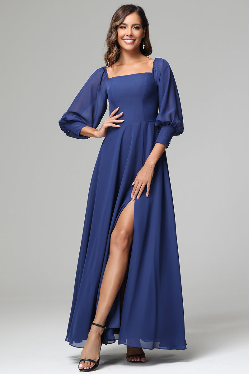 Square Neck 3/4 Sleeves Chiffon Bridesmaid Dresses with Slit