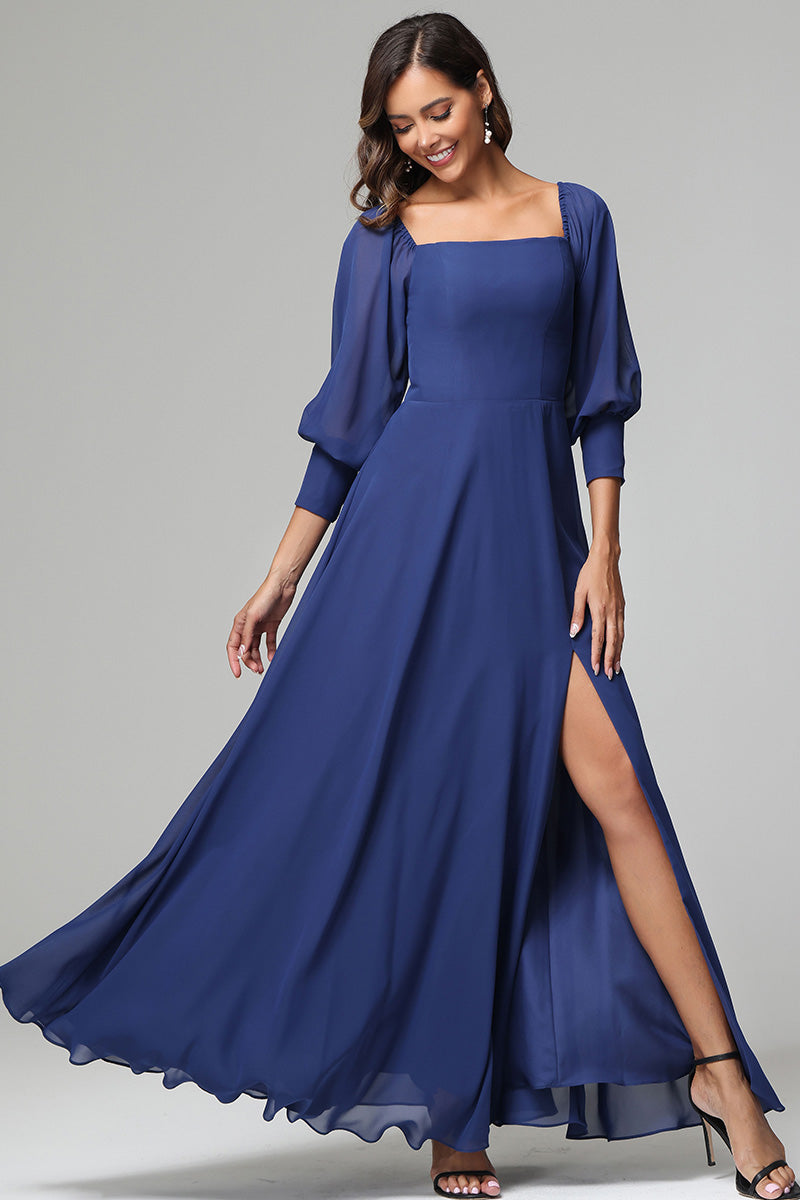 Square Neck 3/4 Sleeves Chiffon Bridesmaid Dresses with Slit