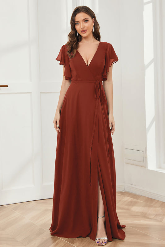 V-neck Ruffles Sleeves Chiffon Bridesmaid Dresses with Slit