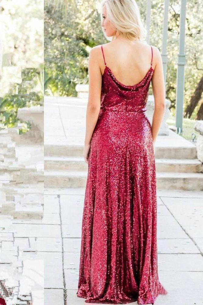 Vintage Burgundy Sequins Backless Long Prom Dresses Bridesmaid Dresses JS420