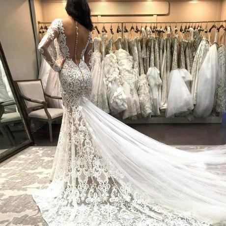 Mermaid V Neck Illusion Back Long Sleeves Ivory Tulle Court Train Wedding Dress with Lace