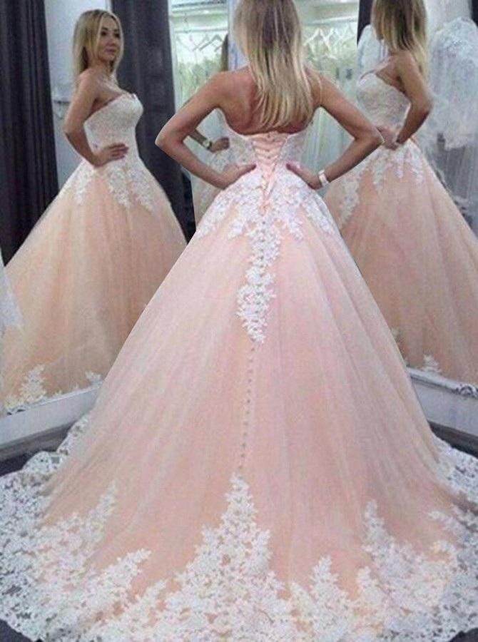 Stunning Sweetheart Floor-Length Appliques Lace up Strapless Ball Gown Tulle Wedding Dress