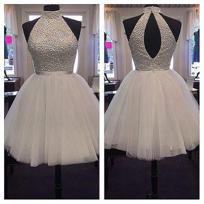 Chic Halter Sexy Open Back White Beading Sleeveless Short Tulle Homecoming Dress JS258