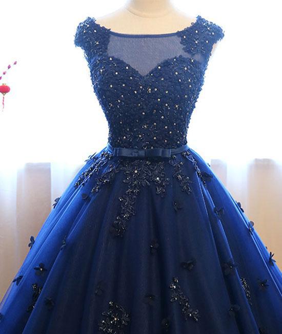 Dark Blue Tulle Lace Beads Ball Gown Open Back Sweet 16 Dress Quinceanera Dresses JS808