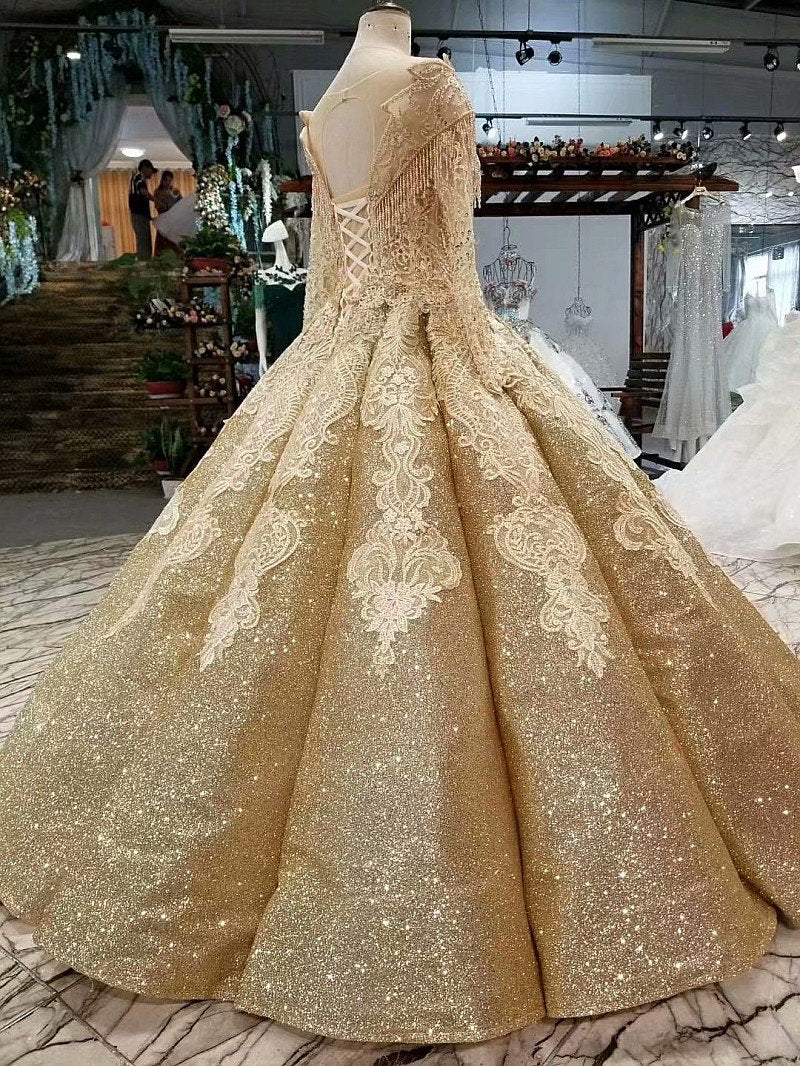 Ball Gown Gold Long Sleeves Lace Appliques Sequins Open Back Beads Quinceanera Dresses JS894