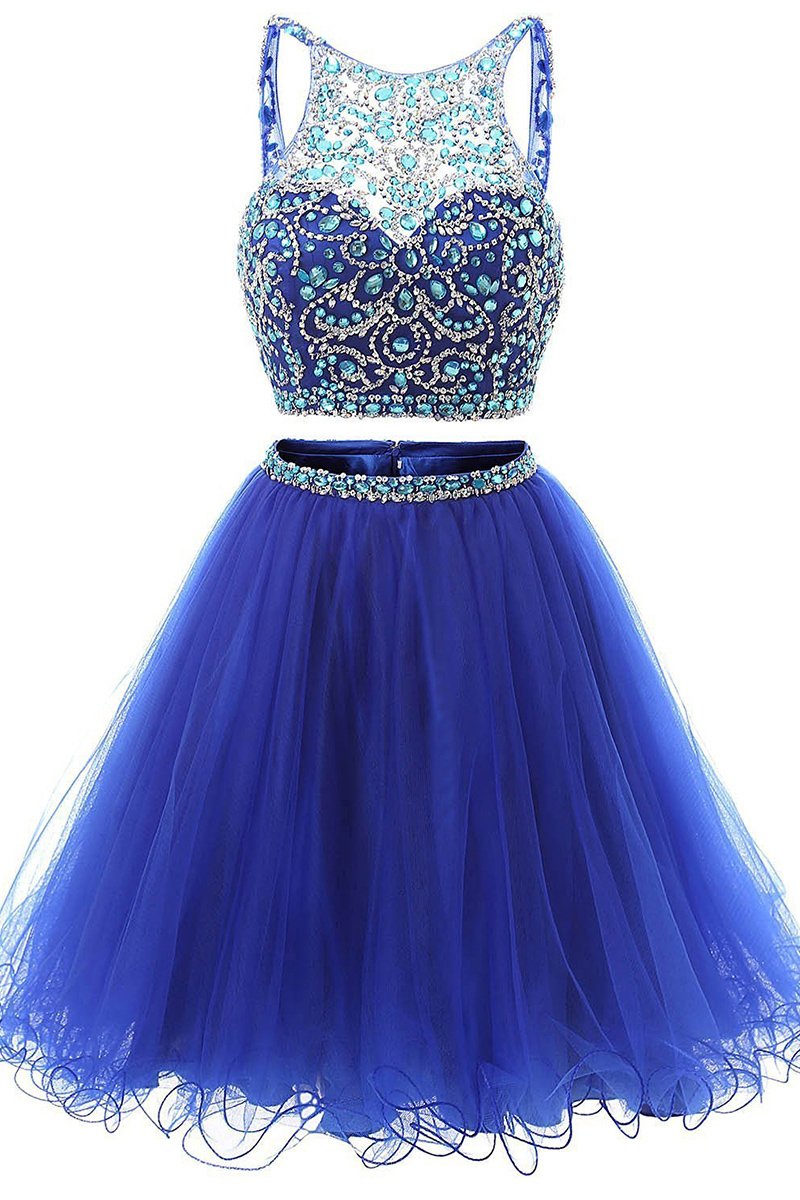 Jewel Neck Illusion Sequins Crystal Shining Two Piece Low Back Royal Blue Tulle Homecoming Dress JS877