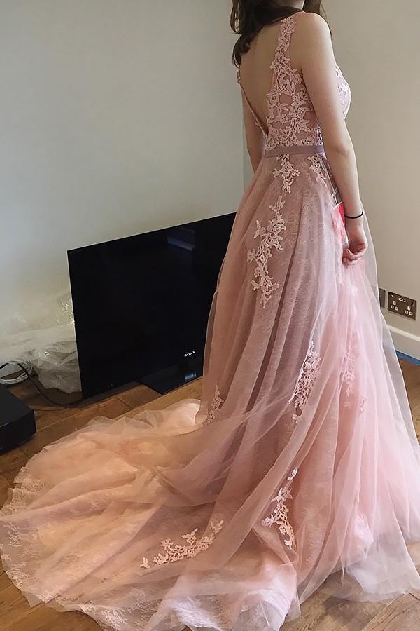 Charming Pink Lace Tulle Long A-line Open Back Elegant Little Train Wedding Dresses JS624