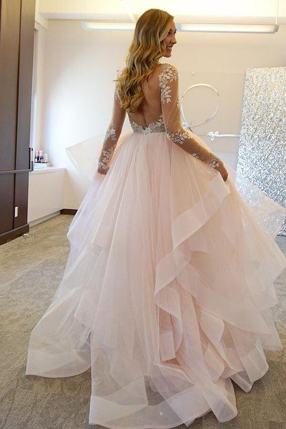 Fashion Ball Gown Lace Sheer Illusion Tulle Backless Long Asymmetrical Wedding Dress JS409