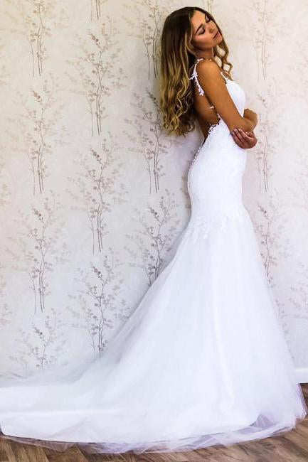 White Lace Mermaid Sweetheart Tulle Spaghetti Straps Backless Affordable Wedding Dresses JS778