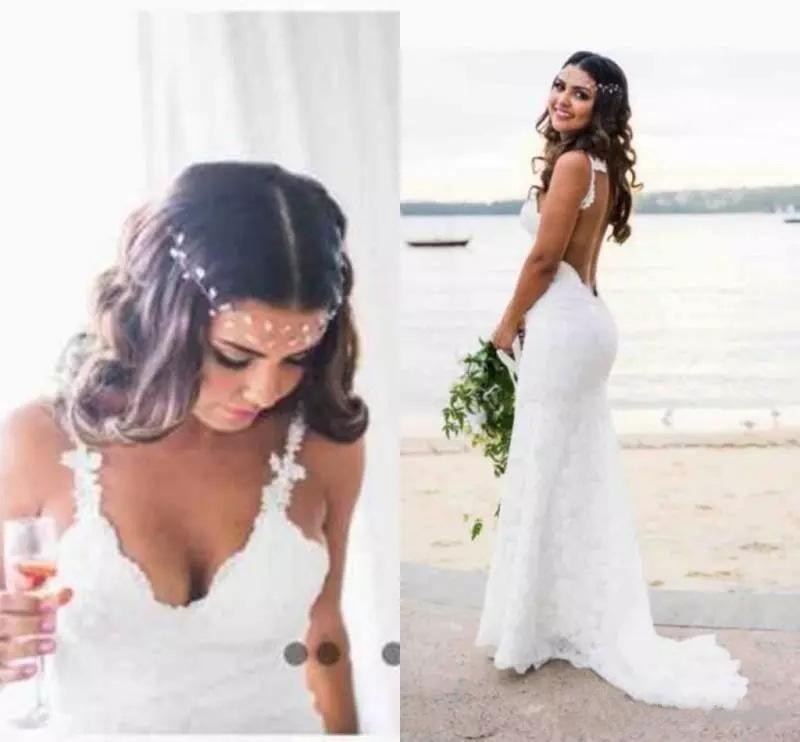 Sexy Lace Mermaid Spaghetti Straps V Neck Backless Beach Wedding Dresses