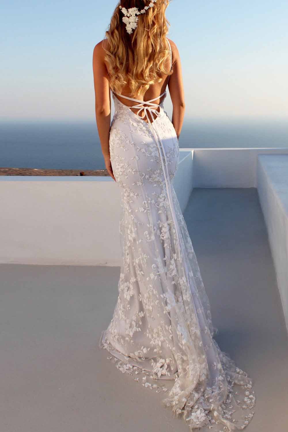 Sexy Backless Off White Mermaid Lace V Neck Wedding Dresses Long