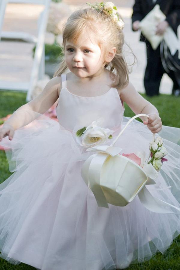 Ball Gown Scoop Neck Tulle Elastic Woven Satin Ankle-length Flower Girl Dresses