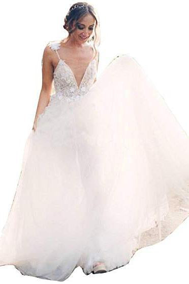 A Line Deep V Neck Spaghetti Straps Beads Backless Handmade Flower Wedding Dresses