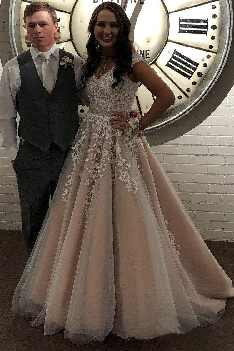 A Line Cheap Nude Quinceanera Dress Lace Appliques Cap Sleeve Beaded Prom Dresses JS238