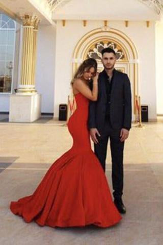 Red Chic Sweetheart Strapless Sleeveless Mermaid Satin Prom Dresses