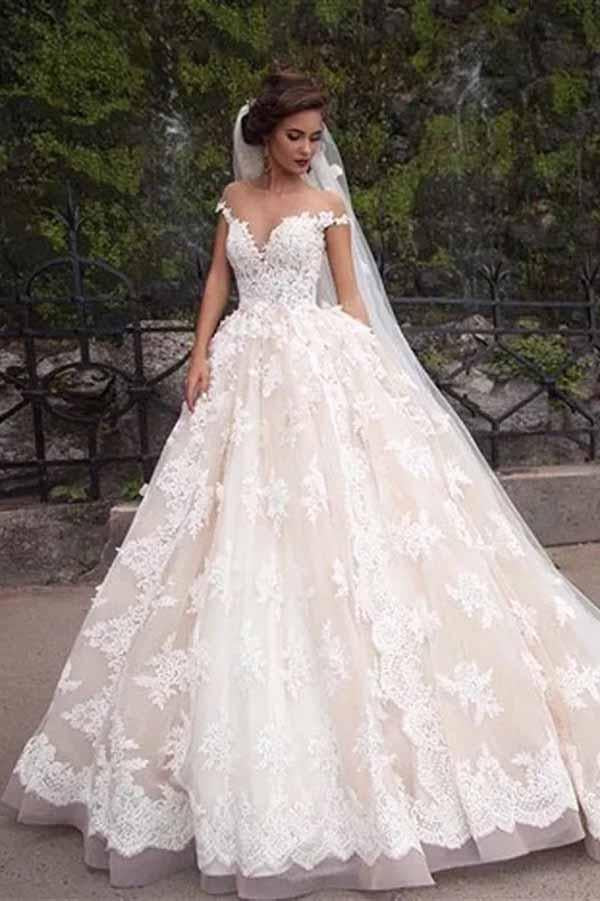 Unique A Line Lace Appliques Cap Sleeves Ivory V Neck Beads Wedding Dresses