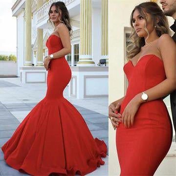 Red Chic Sweetheart Strapless Sleeveless Mermaid Satin Prom Dresses