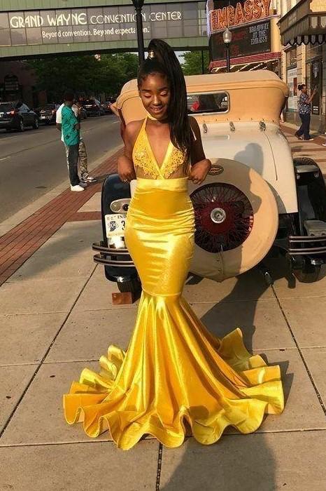 Yellow Mermaid Prom Dresses Long with Appliques,Sexy Formal Dress