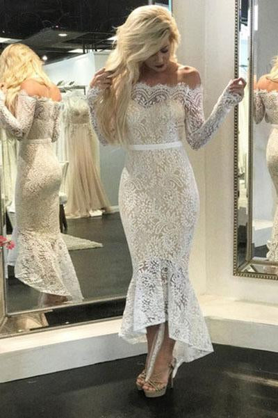 Mermaid Ivory Straight Across Floor-Length Long Sleeve Appliqued Lace Wedding Dresses JS473