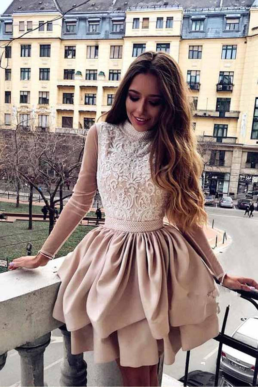 A Line High Neck Long Sleeve Pleats Open Back Satin Short Homecoming Dresses with Lace JS07