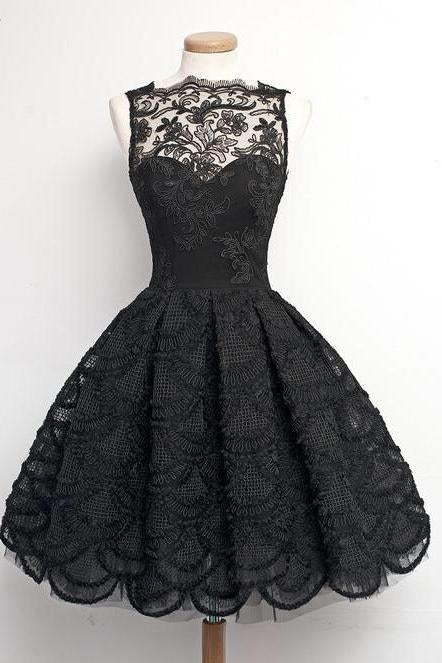 A-Line Scalloped-Edge Sleeveless Vintage Black Lace Knee-Length Homecoming Dress JS235