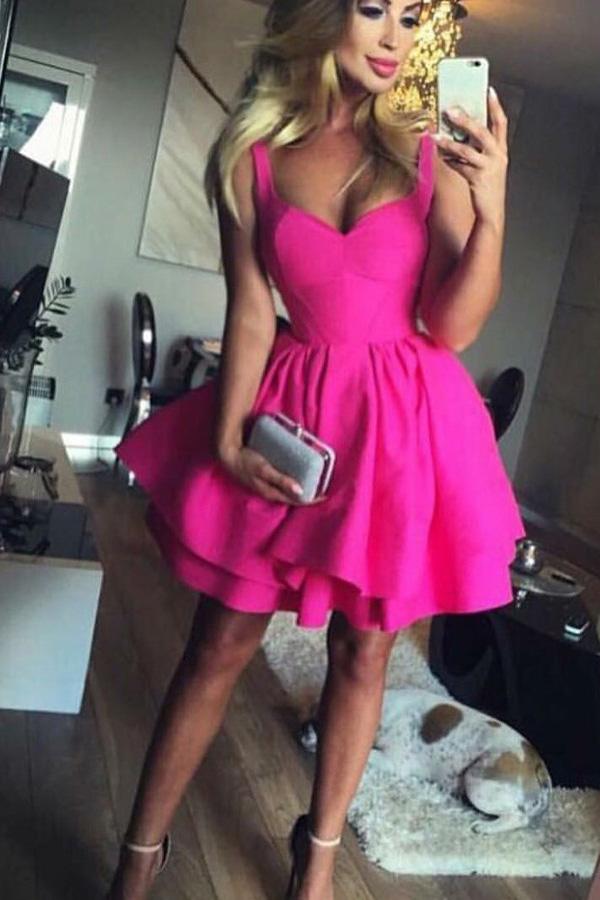 Ball Gown Scoop Eyelet Lace up Fuchsia Short Prom Dress Satin Cute Mini Homecoming Dress JS700